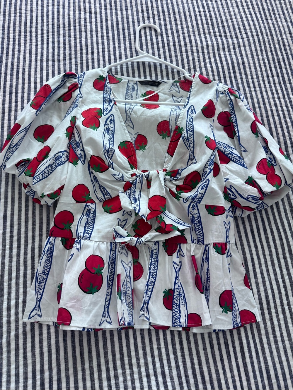 Zara White Tie-Front Blouse with Red Tomato & Blue Fish Print